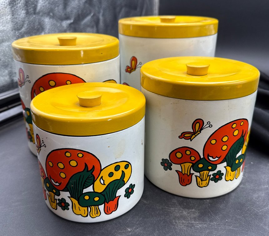 4 Vintage Mushroom-Themed Canisters with Yellow Lids