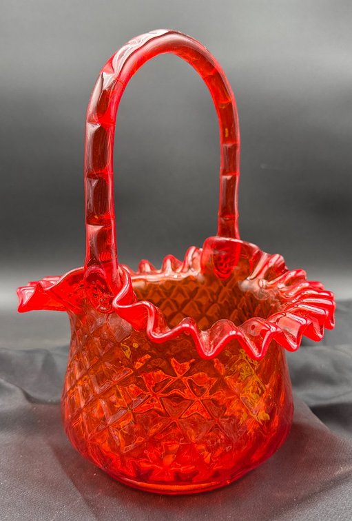 10-Inch Red Decorative Glass Basket with Ruffled Rim