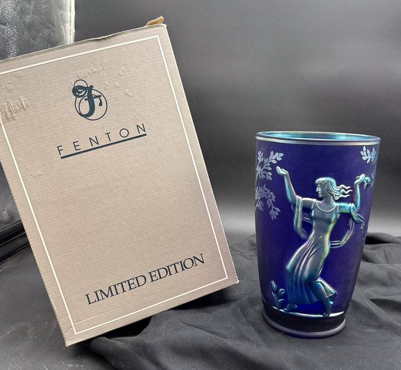 Fenton Limited Edition Cobalt Blue Carnival Glass Vase With Embossed Figures