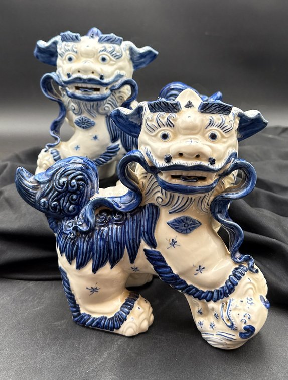 Blue and White Ceramic Foo Dog Figurines, Pair