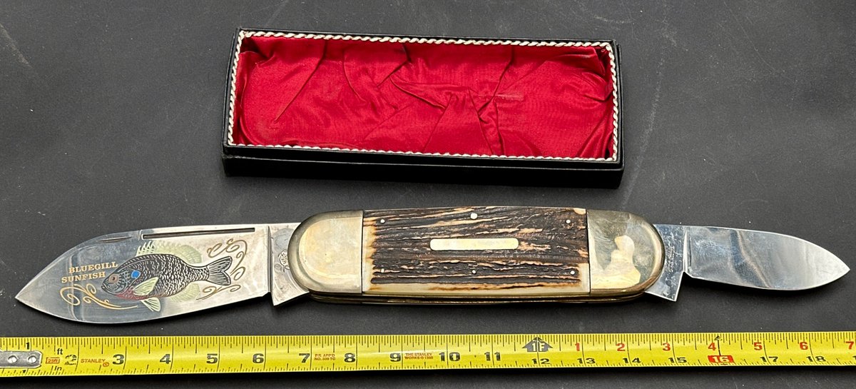 Bulldog Brand Large Folding Knife with Bluegill Sunfish Design and Stag Handle