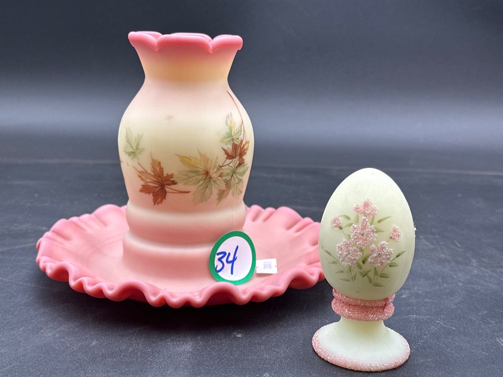 Fenton Hand-Painted Burmese Glass Fairy Lamp and Egg on Stand