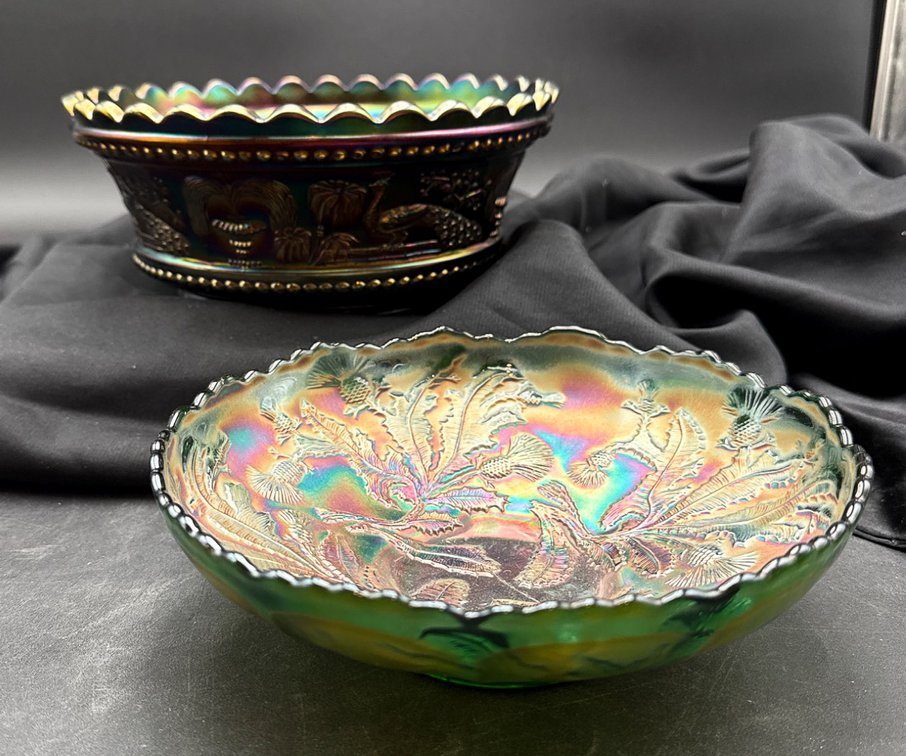 Two Iridescent Carnival Glass Bowls with Scalloped Edges