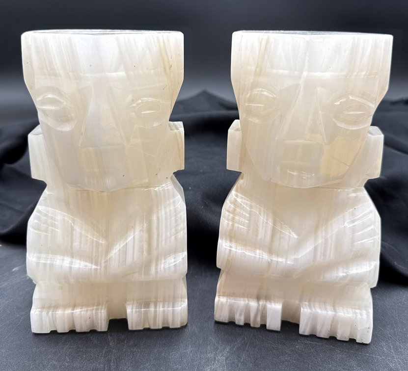 Carved Marble Figures With Geometric Features Bookends