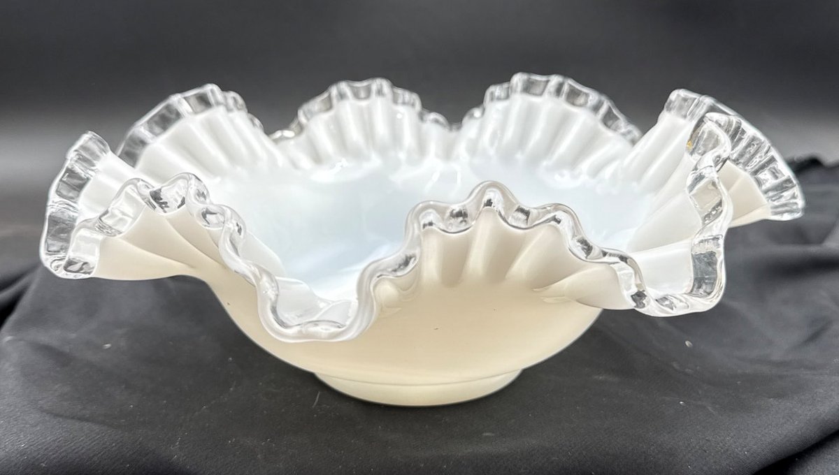 Fenton 10-Inch White Milk Glass Ruffled Bowl with Clear Edging