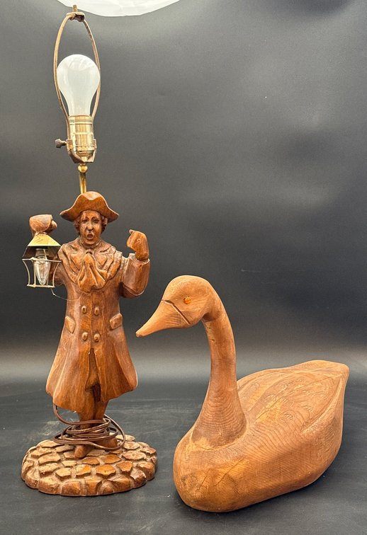 Carved Wooden Figure Table Lamp and Wooden Duck Sculpture