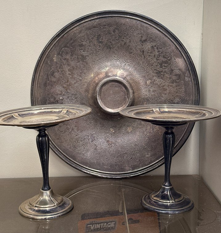 Two Silver-Plated Compote Dishes and an Engraved Serving Tray