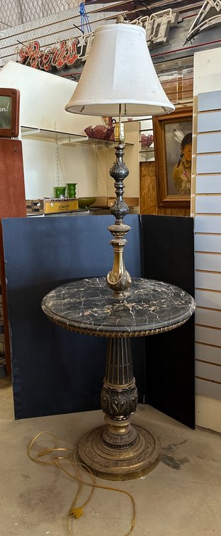 Marble-Top Floor Lamp Table with Ornate Metal Base, 22×62 Inches
