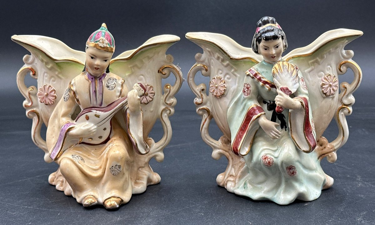 Porcelain Figurine Vases with Asian-Inspired Design, Marked H 1002