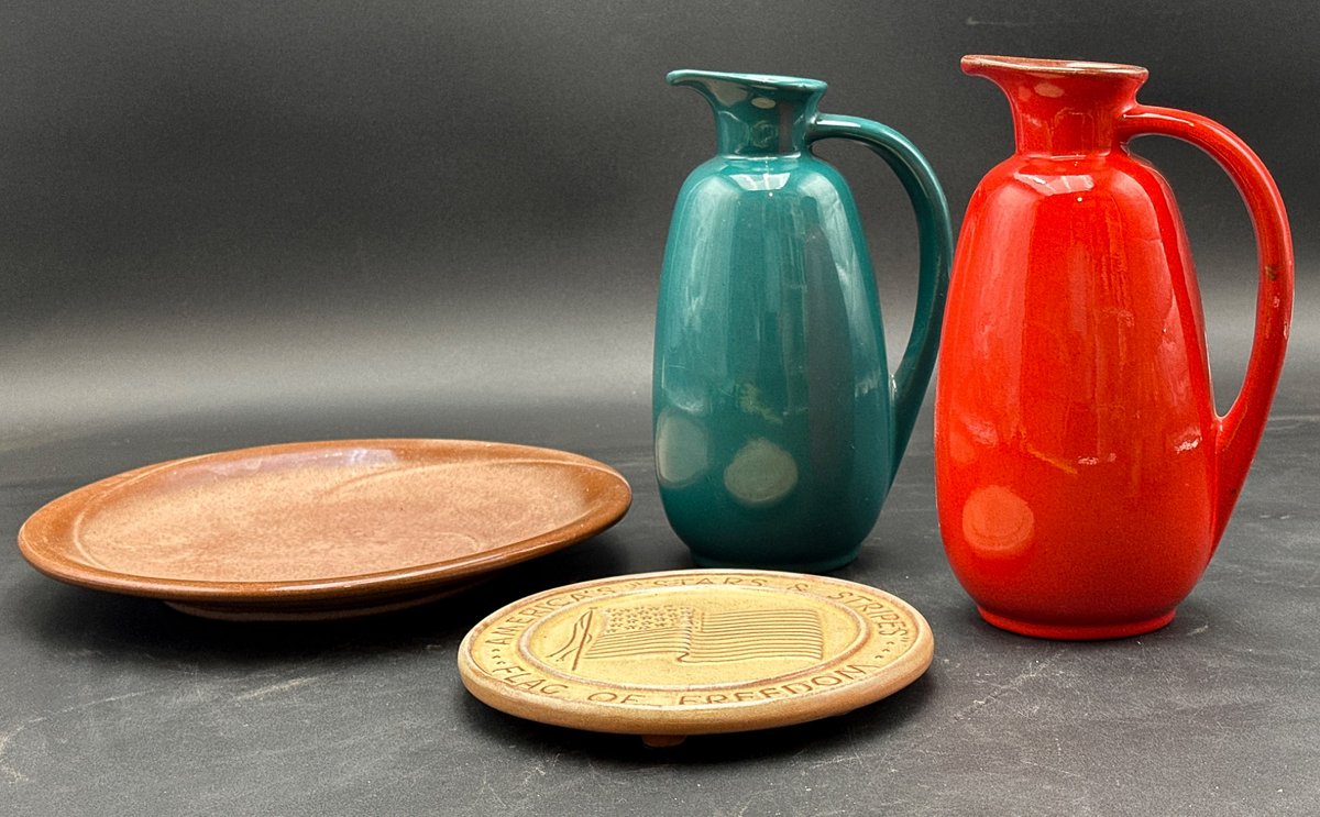 Frankoma Pottery Lot Featuring Two Pitchers, Plates, and Commemorative Trivet