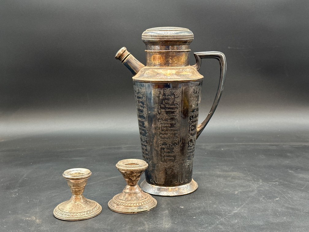 Sterling Silver Reinforced Cocktail Shaker With Recipes and Two Candle Holders