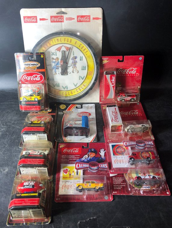 Coca-Cola Collectibles Lot with Wall Clock and Matchbox Cars