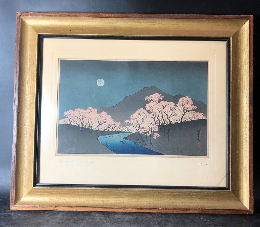 Framed Japanese Woodblock Print ‘Evening Cherry on Mt. Yoshino’, Signed