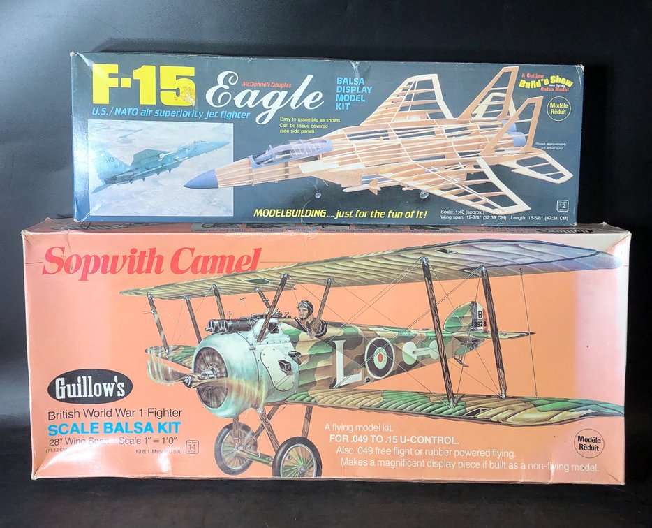 Two Guillows Scale Balsa Model Kits: Sopwith Camel and F-15 Eagle