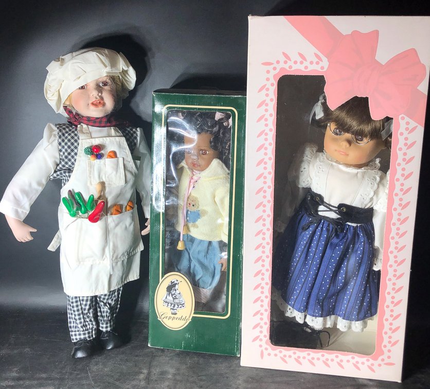 Three Collectible Dolls, Including Widekinder and Geppeddo