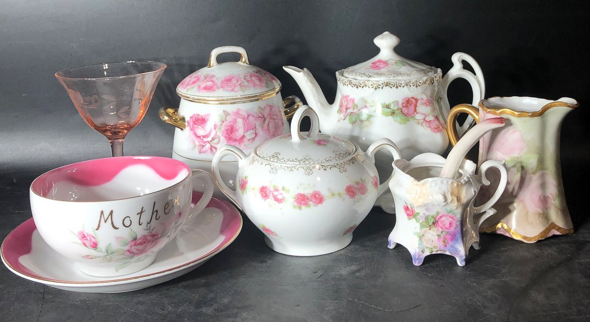 Bavarian and Lefond China Rose Decorated Teaware and Glassware