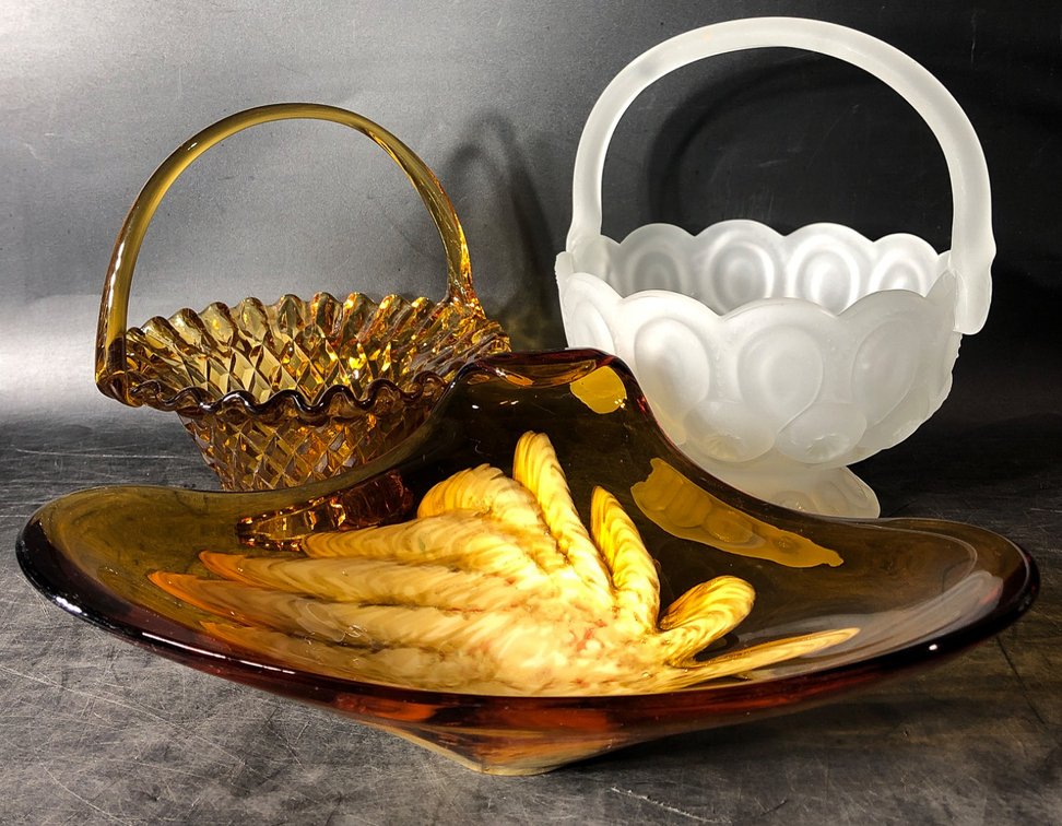 Two Glass Baskets and Amber Glass Dish with Feather Design