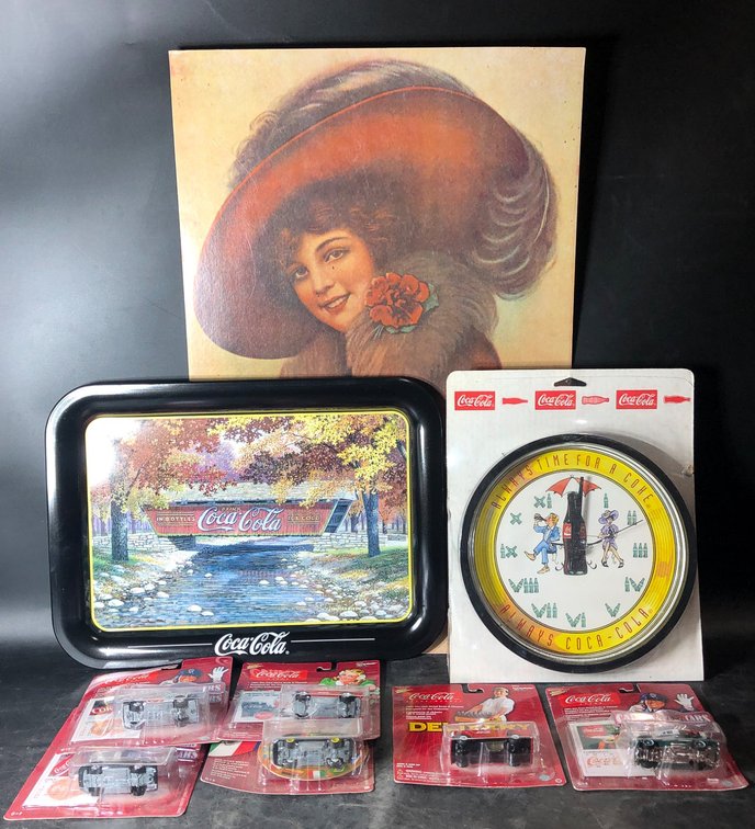 Coca-Cola Collectible Lot Featuring Tray, Clock, Vehicles, and Poster