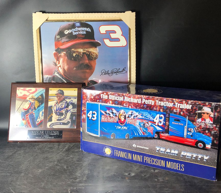 NASCAR Memorabilia Lot: Dale Earnhardt Poster, Richard Petty Plaque, and Die-Cast Model