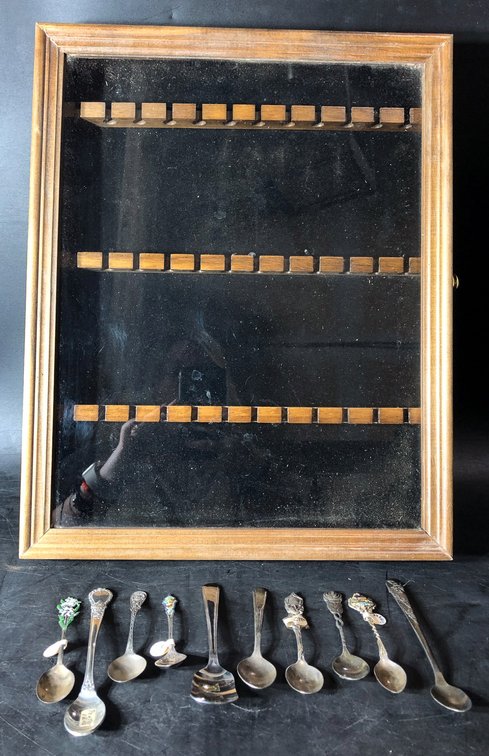 Wooden Display Case with Nine Souvenir Spoons