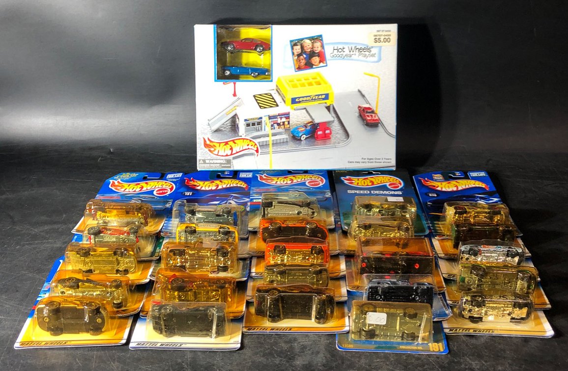 25 Hot Wheels Cars and Goodyear Playset in Original Packaging