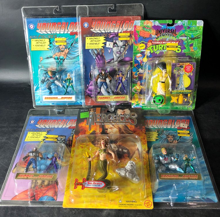 6 Vintage Action Figures Including TMNT, Hercules, and Youngblood