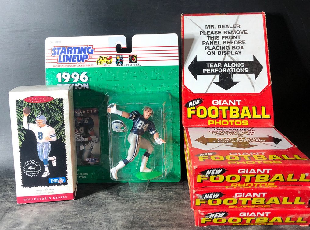 Football Memorabilia Including 4 Photo Boxes, Action Figures, and Cards