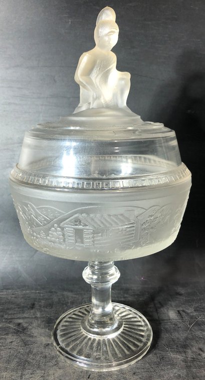 Frosted Glass Compote with Figural Lid and Engraved Scenic Motifs