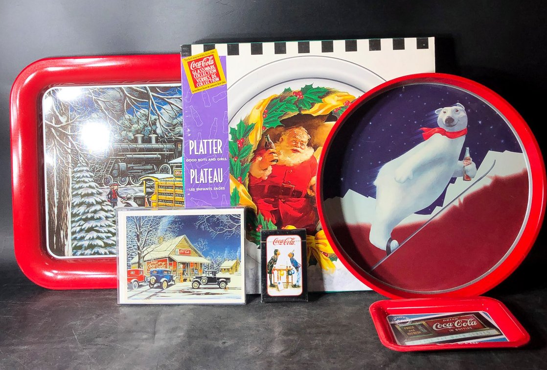 Coca-Cola Collectible Christmas-Themed Trays, Playing Cards, and Decor Lot