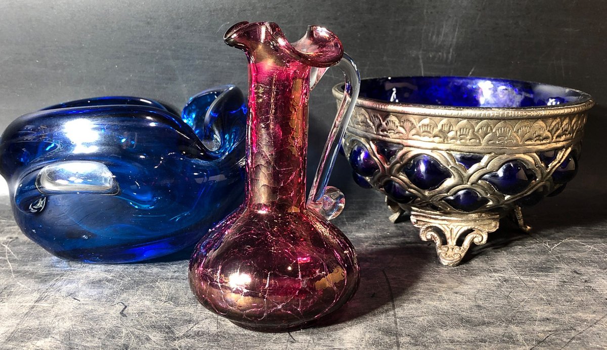 Blue Glass Bowl, Decorative Pitcher, and Ornate Footed Bowl