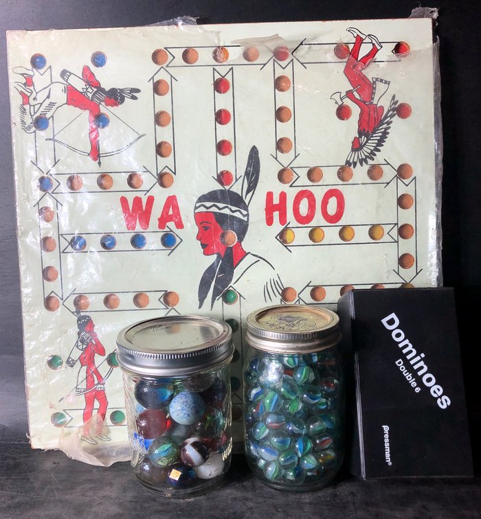 Wahoo Game Board, Dominoes Set, and Marbles with Jars
