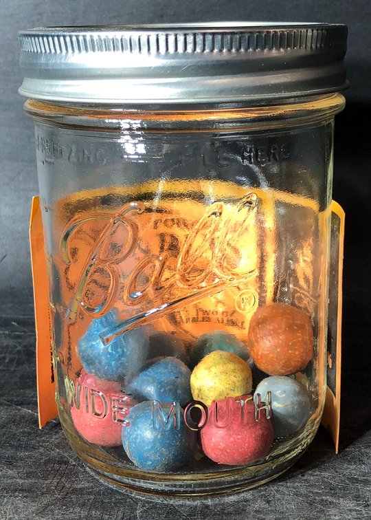 Ball Jar with Antique Porcelain Marbles and Informational Card