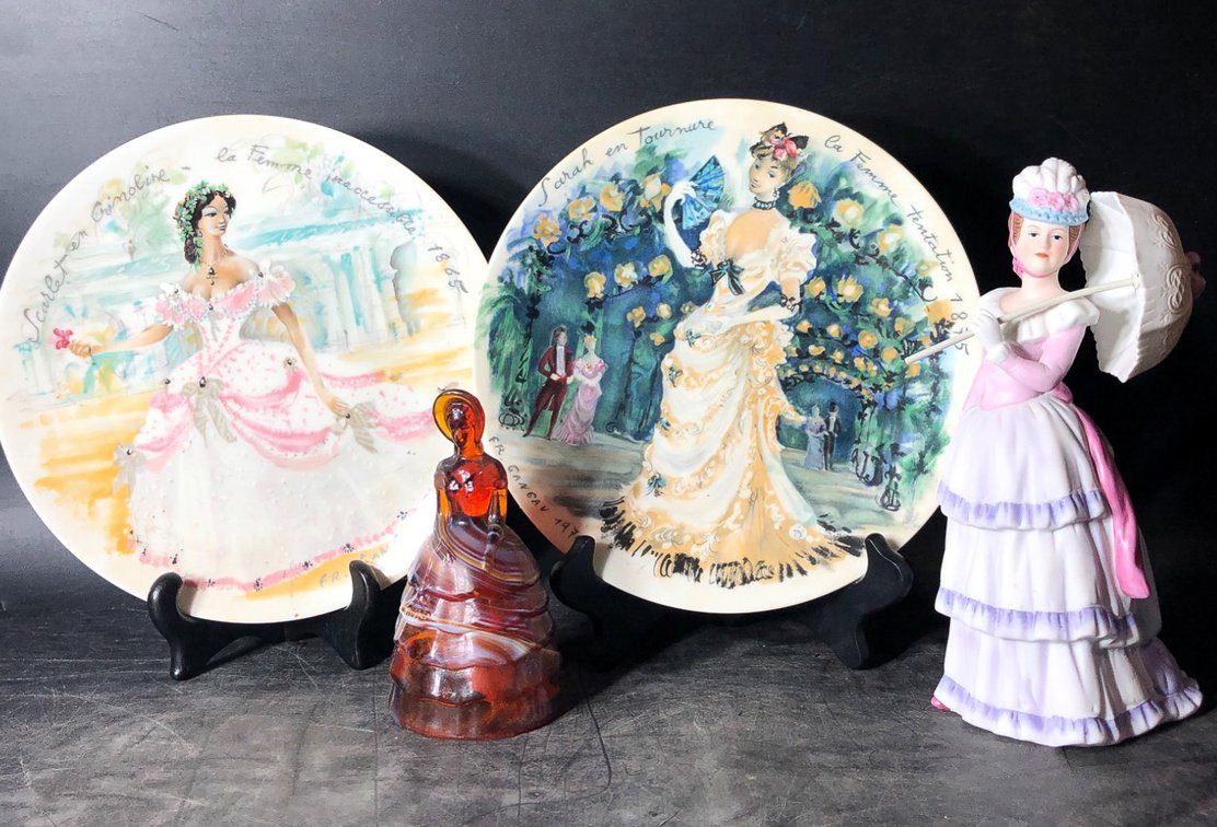 Two Limoges Collector Plates and Two Lady Figurines