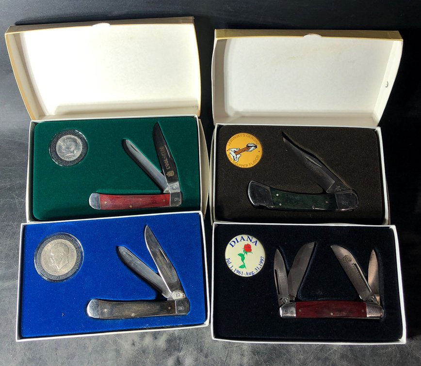 Commemorative Knives, Pins, and Coins in Decorative Boxes