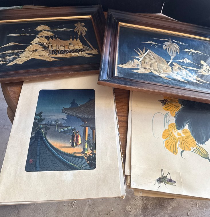 Framed Asian Art and Wood-Cut Prints
