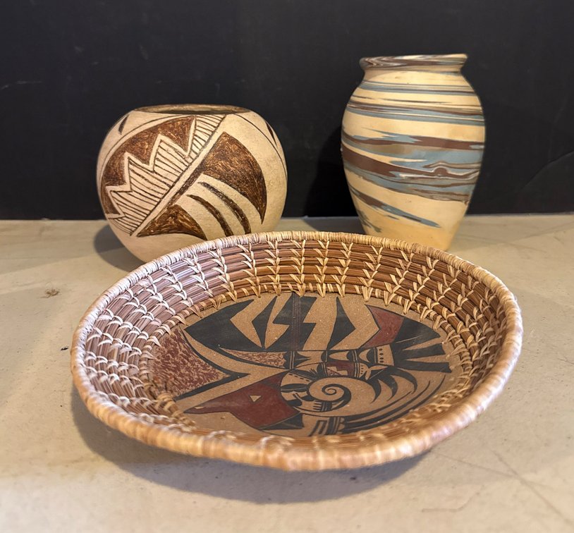 Handcrafted Pottery and Basket Featuring Indigenous-Inspired Designs