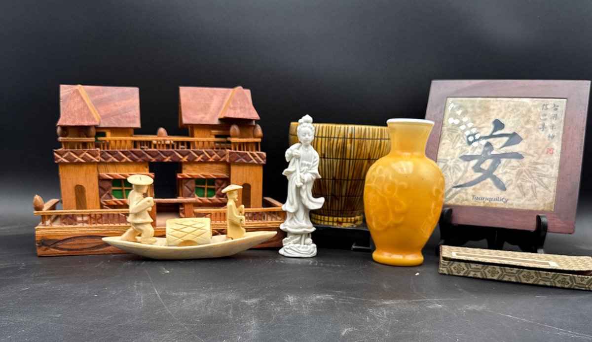 Decorative Items Including Figurines, Vase, and Calligraphy Art