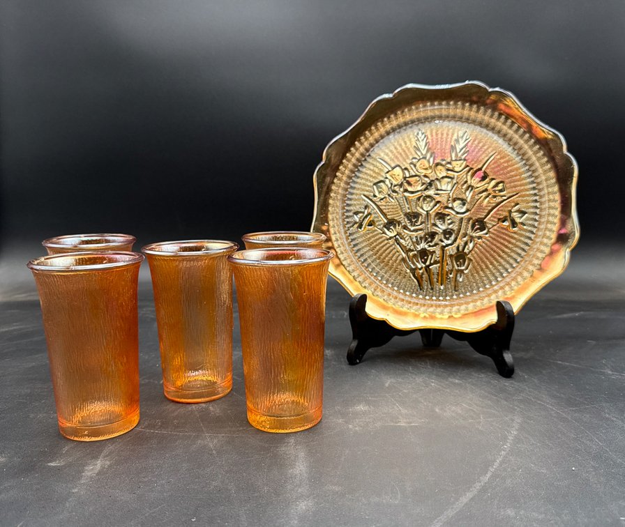 Carnival Glass Plate and Four Tumblers Set