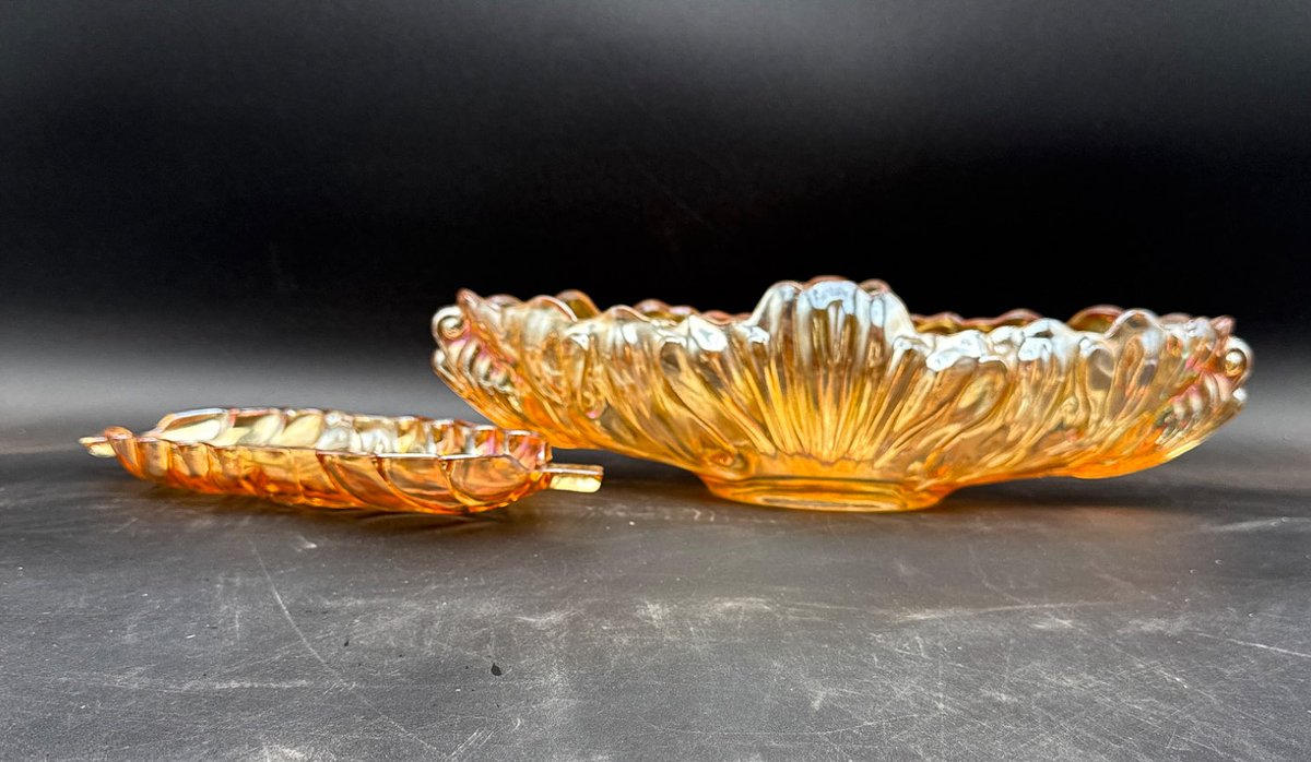 Iridescent Amber Glass Decorative Bowls, Set of Two