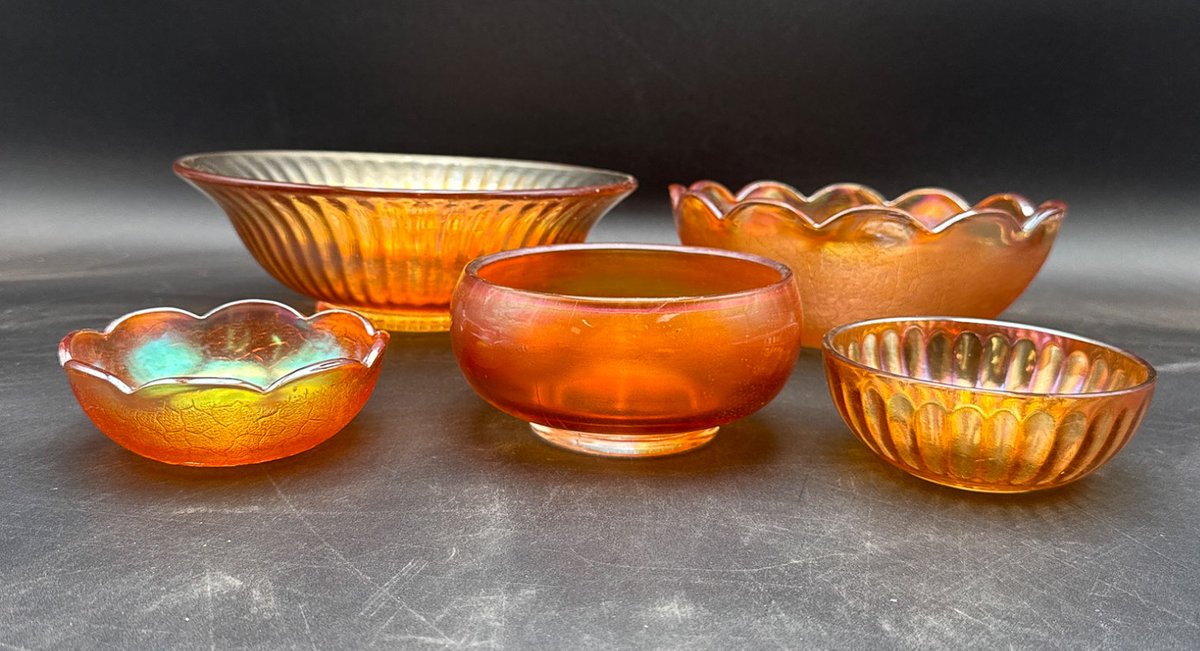 Five Iridescent Amber Carnival Glass Bowls