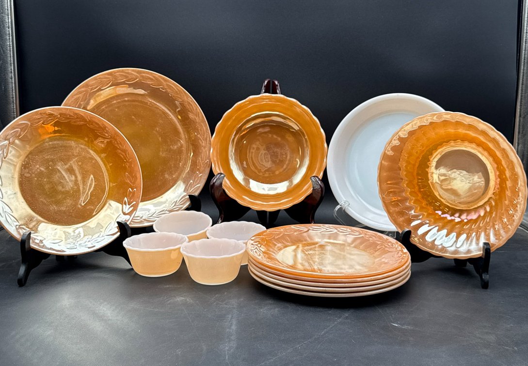 Amber and White Depression Glass Tableware
