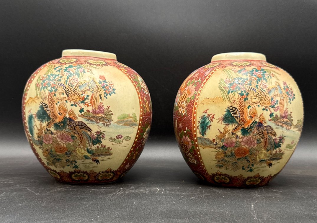 Hand-Painted Ceramic Vases with Floral and Bird Motifs