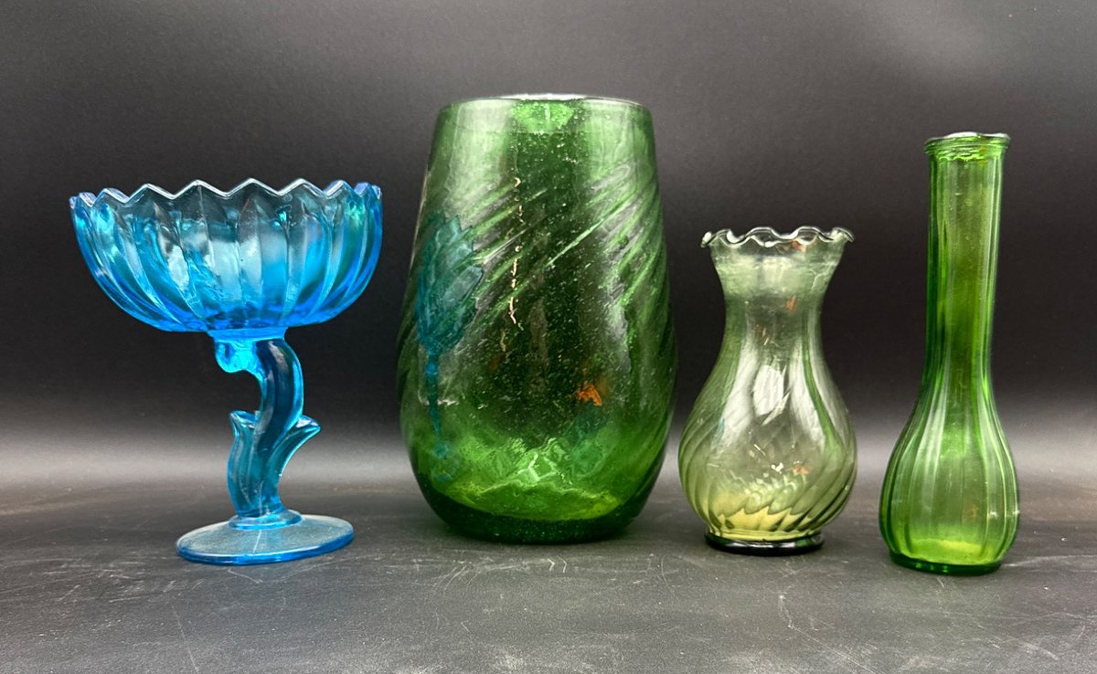 Four Art Glass Pieces Including Blue Pedestal Bowl and Green Vases