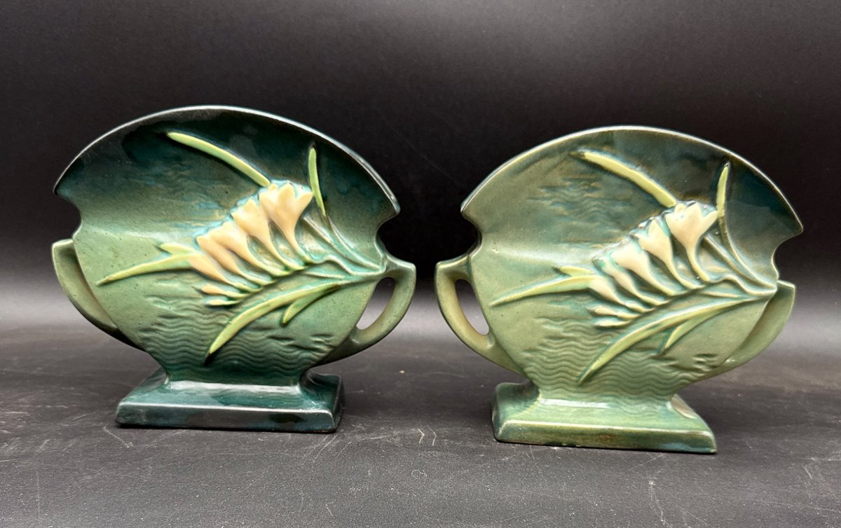 Green Roseville Art Pottery Zephyr Lily Bookends