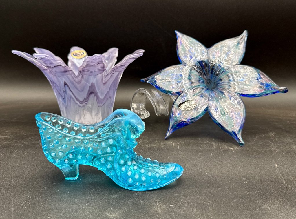 Three Art Glass Pieces: Murano Bowl, Flower, and Glass Shoe