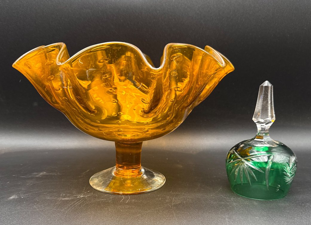 Amber Ruffled Edge Glass Bowl and Green Cut Glass Decanter with Stopper