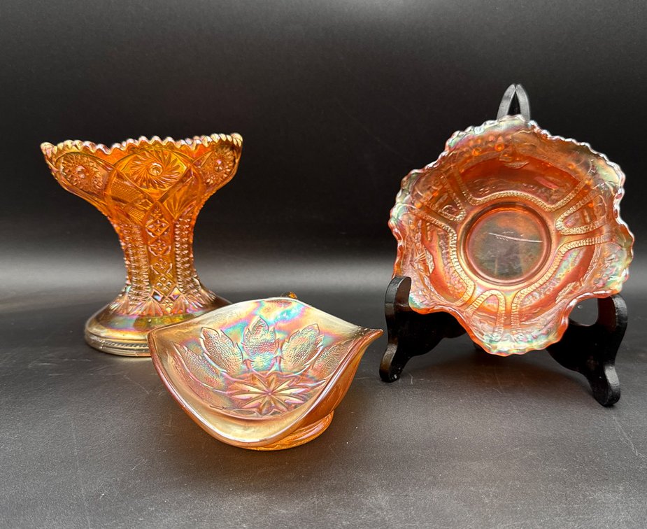 Carnival Glass Set Including Bowl, Vase, and Handled Dish
