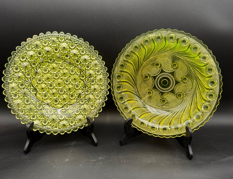 Two Uranium Glass Plates with Stands