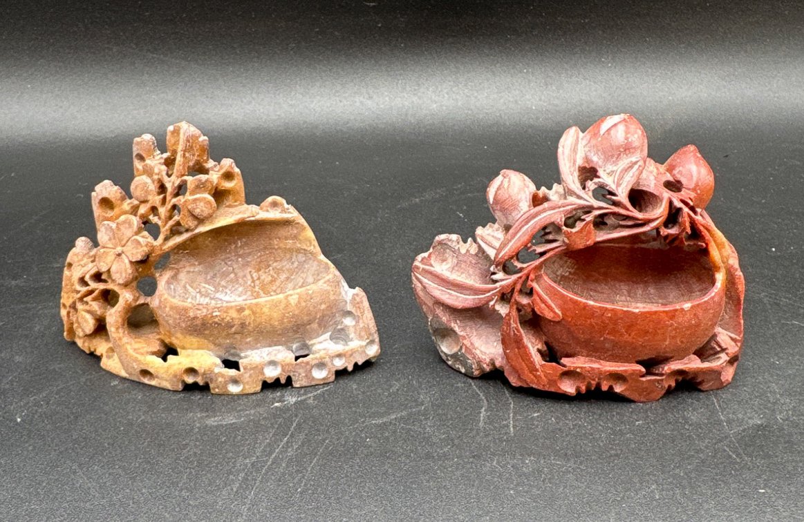 Hand-Carved Stone Brush Washers With Floral Motifs