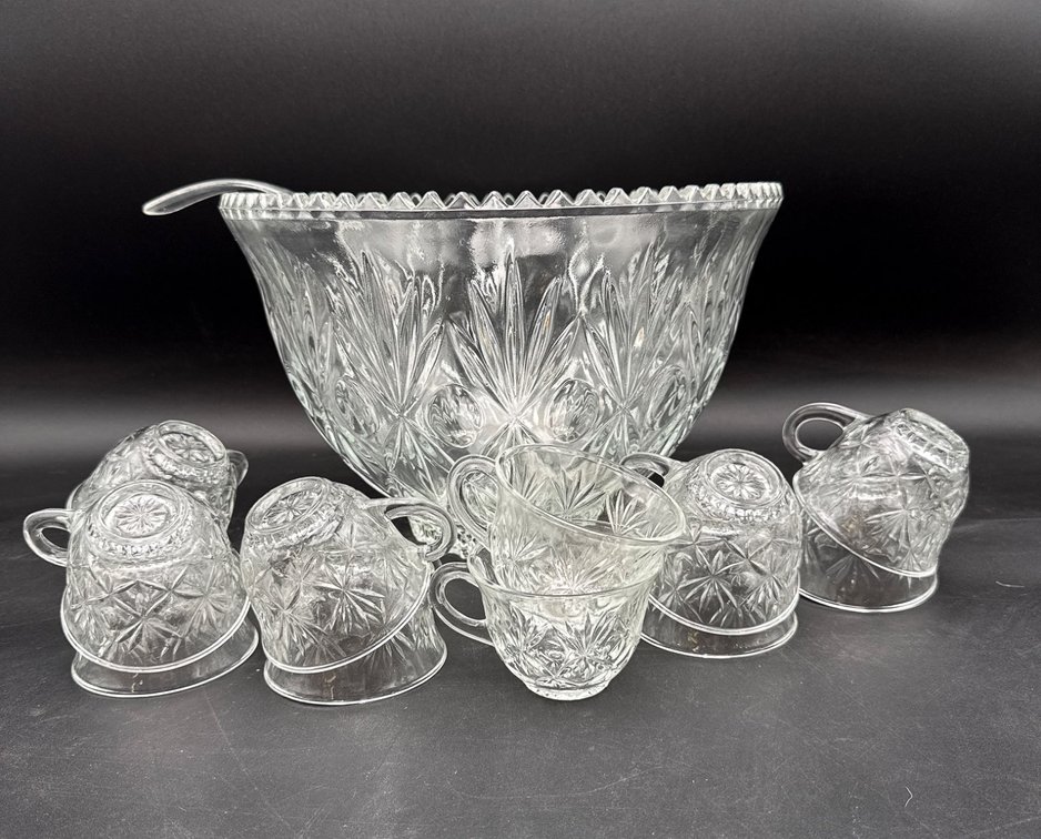 Pressed Glass Punch Bowl Set with 6 Cups and Ladle